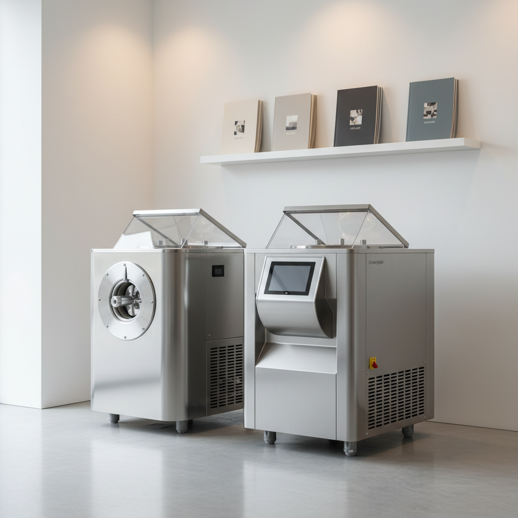 A pristine showroom corner featuring two gleaming industrial gelato machines inspired by Valmar and Carpigiani designs, positioned side by side on a polished light-gray floor. Their stainless steel bodies, intuitive control panels, and transparent lids are clearly visible, with subtle reflections on their surfaces. Behind them, minimalist white walls and a simple shelving unit displaying neutral, unbranded product brochures create a clean, professional environment. Soft, diffused daylight from a large unseen window mixes with discreet ceiling spotlights, creating a bright, inviting atmosphere. Captured from a three-quarter angle with sharp focus and balanced composition, the image emphasizes direct product sales, quality engineering, and a modern, trustworthy technical service brand.