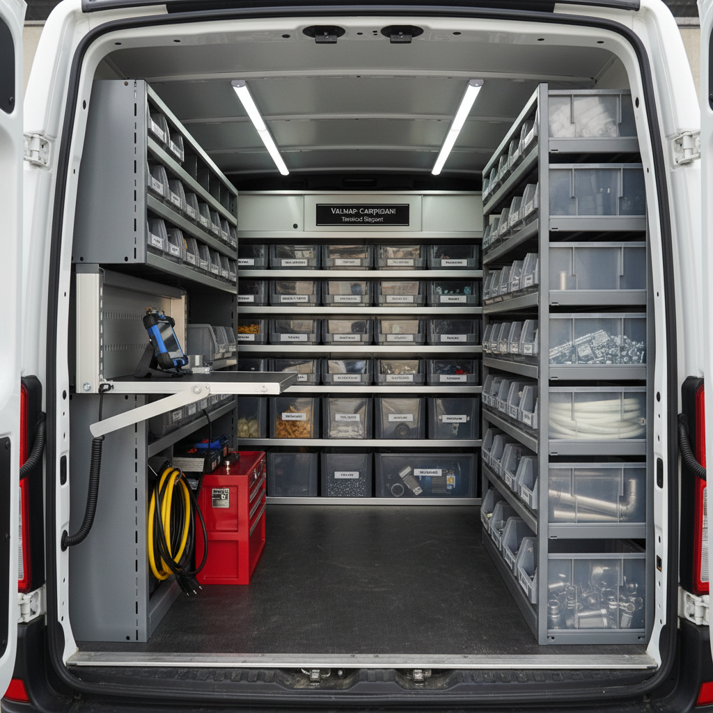 An immaculate service van interior customized for Valmar-Carpigiani technical support, viewed from the open rear doors. Modular shelving on both sides holds neatly labeled plastic bins filled with spare parts, stainless steel fittings, food-grade hoses, and small motors. A foldable workbench with a mounted vice and portable diagnostic device is fixed to one side, with coiled power cables and a compact toolbox stored underneath. Bright LED strip lighting along the ceiling evenly illuminates the entire space, casting minimal shadows and emphasizing order and readiness. Captured from a centered, slightly low angle in photographic realism, the composition highlights mobility, professionalism, and preparedness for on-site maintenance and repair visits.