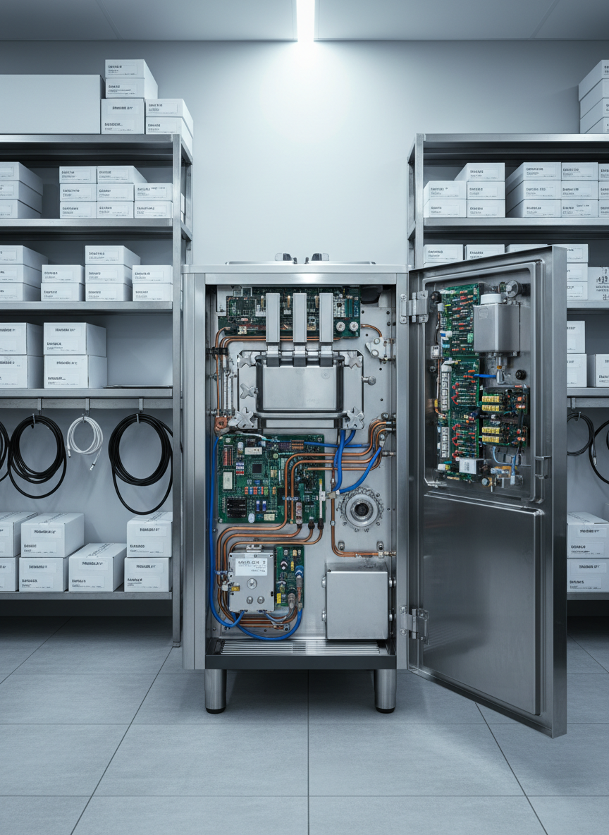 Carpigiani tipi soft dondurma makinasının ön paneli açıkken elektronik kartlar ve mekanik aksamın göründüğü detaylı servis görüntüsü